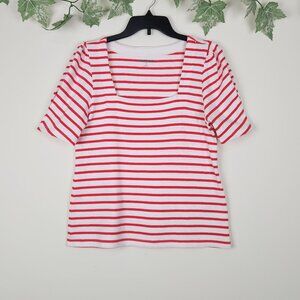 Land's End Size S (4-6) Red White Stripe Square Neck Short Sleeve Knit Top
